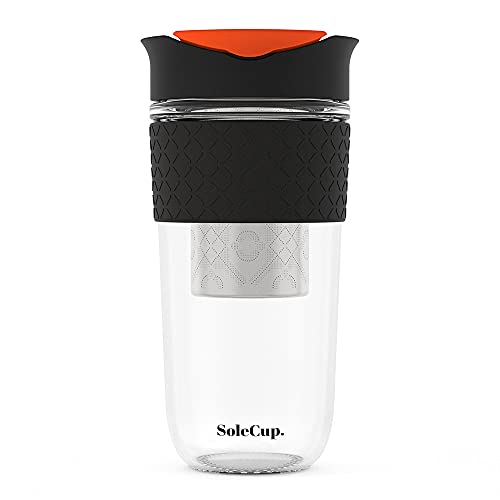 SoleCup. Large Travel Mug Loose Tea Infuser - Detachable Tea Strainer with Spill Proof Lid - 18oz/530ml BPA-Free Reusable Glass Travel Coffee Cup with Silicone Band (Black)