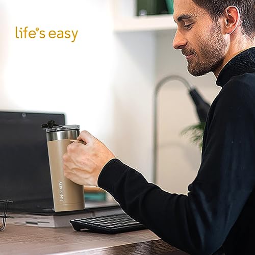 Life's Easy 20oz Stainless Steel Mug w/Handle - Double Wall Insulated Travel Tumbler w/Flip Lid - Leak Proof Tumbler - Thermal Cup for Coffee, Tea, Water & More - Keep Hot & Cold Drinks (Chestnut)