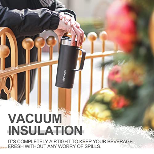 Life's Easy 20oz Stainless Steel Mug w/Handle - Double Wall Insulated Travel Tumbler w/Flip Lid - Leak Proof Tumbler - Thermal Cup for Coffee, Tea, Water & More - Keep Hot & Cold Drinks (Black)