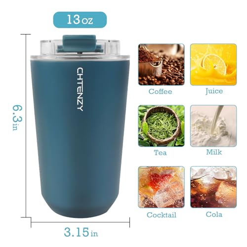 CHTENZY Travel Coffee Mug with Lid,Insulated Coffee Cup Fits in Car Holder,Leak Proof Thermos,Portable Double Wall Vacuum Cup,Enjoy Hot and Iced Drinks (Navy Blue,13oz)