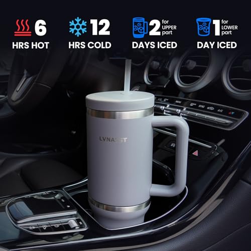 LVNASST Tumbler with Handle and Straw Lid, 2-IN-1 Reusable Coffee Travel Mug Leakproof, Insulated Stainless Steel Water Bottle Cup Holder Friendly, 30oz Top & 10oz Bottom (Grey)