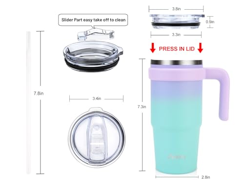 Zukro 24 oz Triple Insulated Tumbler with Handle - Leak Proof Stainless Steel Cup with Straw & Lid - No Sweat Double-wall Travel Mug for Hot and Cold Drinks - Dishwasher Safe, Cupholder Friendly, Teal