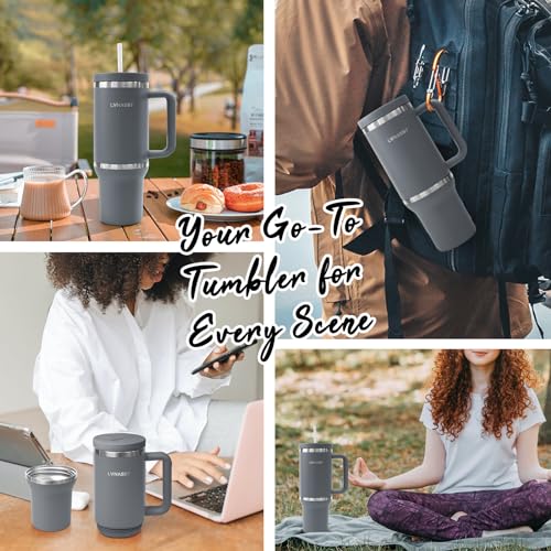 LVNASST Tumbler with Handle and Straw Lid, 2-IN-1 Reusable Coffee Travel Mug Leakproof, Insulated Stainless Steel Water Bottle Cup Holder Friendly, 30oz Top & 10oz Bottom (Grey)