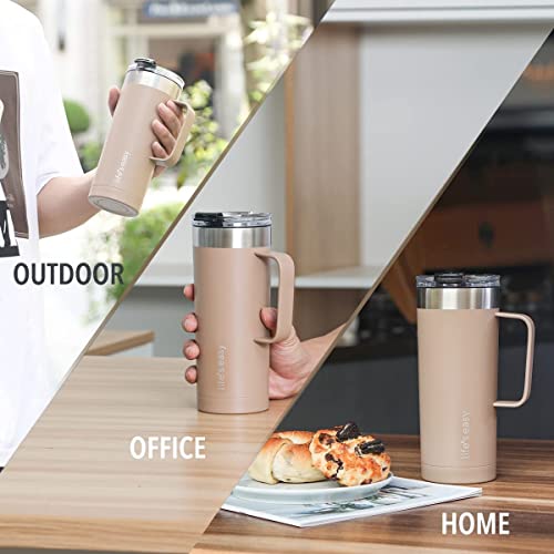 Life's Easy 20oz Stainless Steel Mug w/Handle - Double Wall Insulated Travel Tumbler w/Flip Lid - Leak Proof Tumbler - Thermal Cup for Coffee, Tea, Water & More - Keep Hot & Cold Drinks (Chestnut)