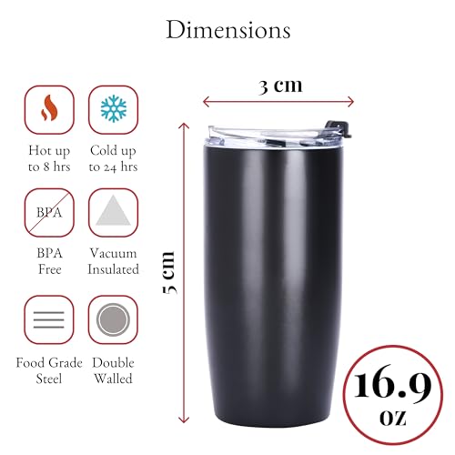 Barvivo 16.9 Ounces Travel Coffee Mug - Reusable Insulated Coffee Cup with Leakproof Flip Lid - Stainless Steel Tea Tumbler - Portable and Reusable for Hot or Cold Drinks - Cupholder Friendly - Black