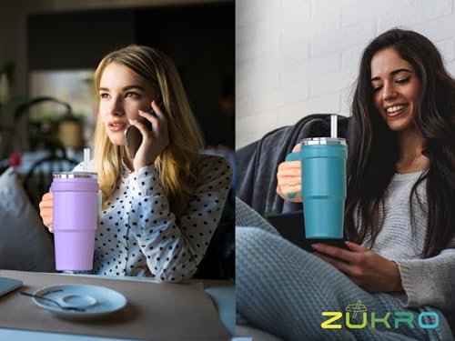 Zukro 24 oz Triple Insulated Tumbler with Handle - Leak Proof Stainless Steel Cup with Straw & Lid - No Sweat Double-wall Travel Mug for Hot and Cold Drinks - Dishwasher Safe, Cupholder Friendly, Teal