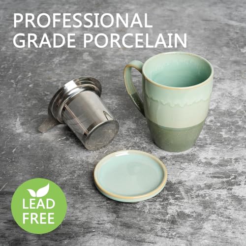 Bosmarlin Ceramic Tea Cup with Infuser and Lid, 13.5 Oz, 4 Colors to Choose, Microwave and Dishwasher Safe, Steeping Tea Mug with Strainer, Reactive Glaze (Green)