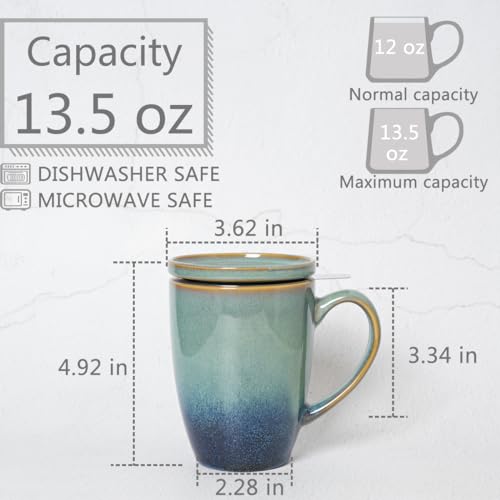 Bosmarlin Ceramic Tea Cup with Infuser and Lid, 13.5 Oz, Loose Leaf Tea Steeper Mug with Strainer, Microwave and Dishwasher Safe, Reactive Glaze (13.5 Oz, Pale Green)