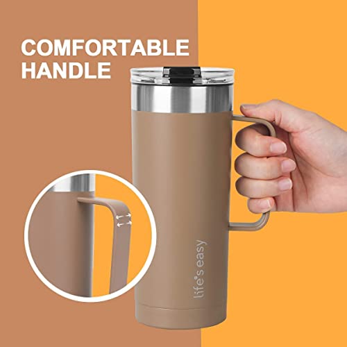 Life's Easy 20oz Stainless Steel Mug w/Handle - Double Wall Insulated Travel Tumbler w/Flip Lid - Leak Proof Tumbler - Thermal Cup for Coffee, Tea, Water & More - Keep Hot & Cold Drinks (Chestnut)