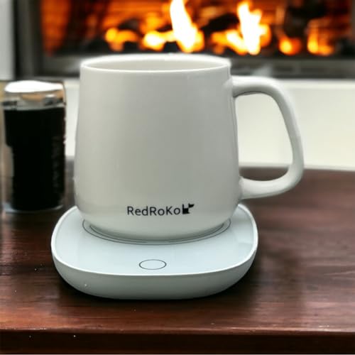 RedRoko Self Heating Mug with Lid - Smart Electric Office Desk Accessories, Temperature Controlled Warmer for Tea, Milk, Hot Chocolate, Travel-Friendly Coffee Cup for Women and Men - 13oz