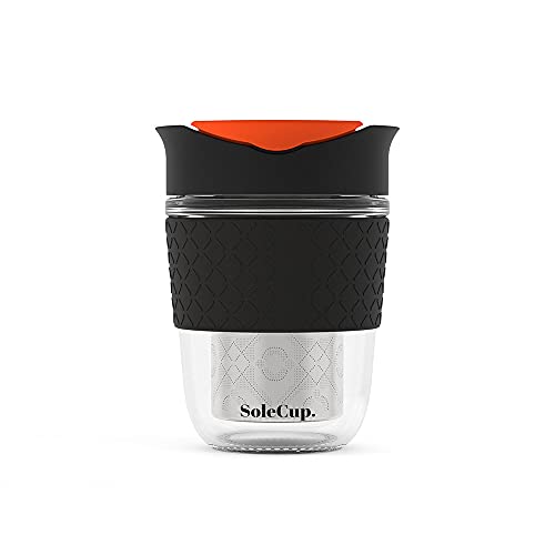 SoleCup. Travel Mug Loose Tea Infuser - Detachable Tea Strainer with Spillproof Lid - BPA-Free Reusable Glass Travel Coffee Cup with Silicone Band (Black)