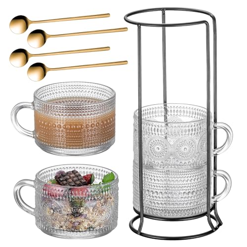 Buaic Vintage Coffee Mugs With Stand, 14 oz Stackable Coffee Cups Set of 4 Overnight Oats Containers with Rack Clear Embossed Glass Cups Tea Cups for Cappuccino, Latte, Cereal, Beverages