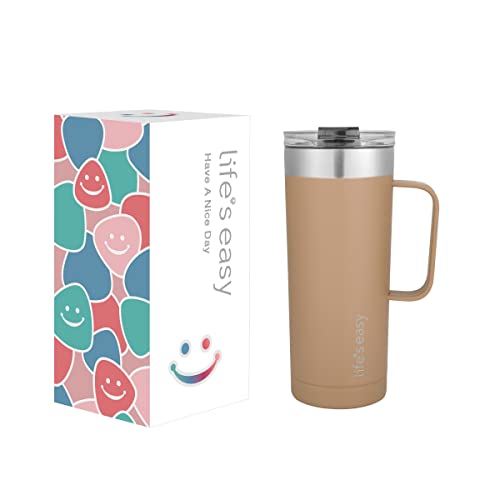 Life's Easy 20oz Stainless Steel Mug w/Handle - Double Wall Insulated Travel Tumbler w/Flip Lid - Leak Proof Tumbler - Thermal Cup for Coffee, Tea, Water & More - Keep Hot & Cold Drinks (Chestnut)