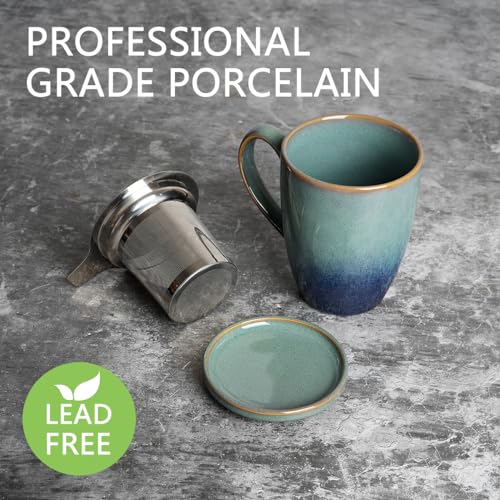 Bosmarlin Ceramic Tea Cup with Infuser and Lid, 13.5 Oz, Loose Leaf Tea Steeper Mug with Strainer, Microwave and Dishwasher Safe, Reactive Glaze (13.5 Oz, Pale Green)