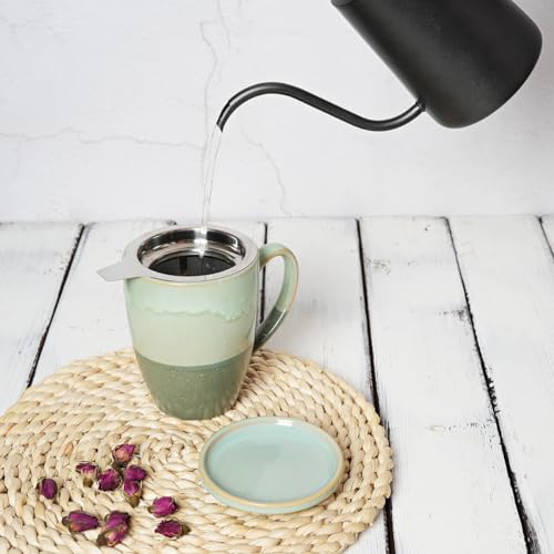 Bosmarlin Ceramic Tea Cup with Infuser and Lid, 13.5 Oz, 4 Colors to Choose, Microwave and Dishwasher Safe, Steeping Tea Mug with Strainer, Reactive Glaze (Green)