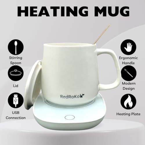 RedRoko Self Heating Mug with Lid - Smart Electric Office Desk Accessories, Temperature Controlled Warmer for Tea, Milk, Hot Chocolate, Travel-Friendly Coffee Cup for Women and Men - 13oz