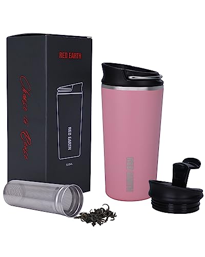 GiNT 17oz Travel Tea Mug with Infuser and Two Lid. Vacuum Insulated 316 Stainless Steel Travel Coffee Mug. Dishwasher Safe Tea Cup with Tea Strainer for Hot and Cold Brew Coffee or Tea(Pink)