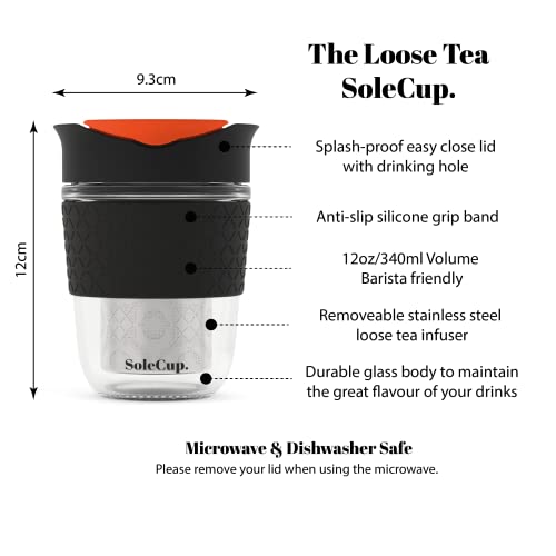 SoleCup. Travel Mug Loose Tea Infuser - Detachable Tea Strainer with Spillproof Lid - BPA-Free Reusable Glass Travel Coffee Cup with Silicone Band (Black)
