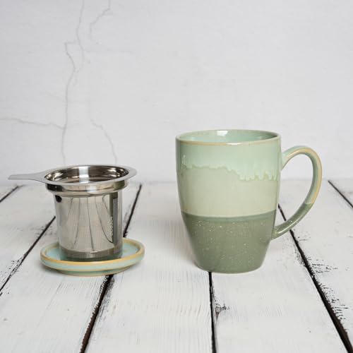 Bosmarlin Ceramic Tea Cup with Infuser and Lid, 13.5 Oz, 4 Colors to Choose, Microwave and Dishwasher Safe, Steeping Tea Mug with Strainer, Reactive Glaze (Green)