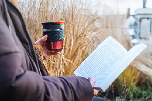 SoleCup. Travel Mug Loose Tea Infuser - Detachable Tea Strainer with Spillproof Lid - BPA-Free Reusable Glass Travel Coffee Cup with Silicone Band (Black)