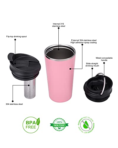 GiNT 17oz Travel Tea Mug with Infuser and Two Lid. Vacuum Insulated 316 Stainless Steel Travel Coffee Mug. Dishwasher Safe Tea Cup with Tea Strainer for Hot and Cold Brew Coffee or Tea(Pink)