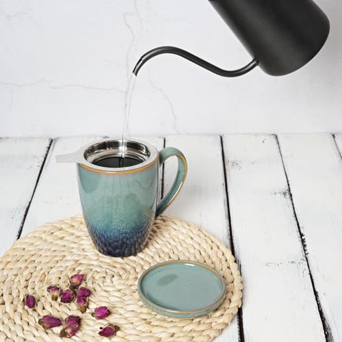 Bosmarlin Ceramic Tea Cup with Infuser and Lid, 13.5 Oz, Loose Leaf Tea Steeper Mug with Strainer, Microwave and Dishwasher Safe, Reactive Glaze (13.5 Oz, Pale Green)