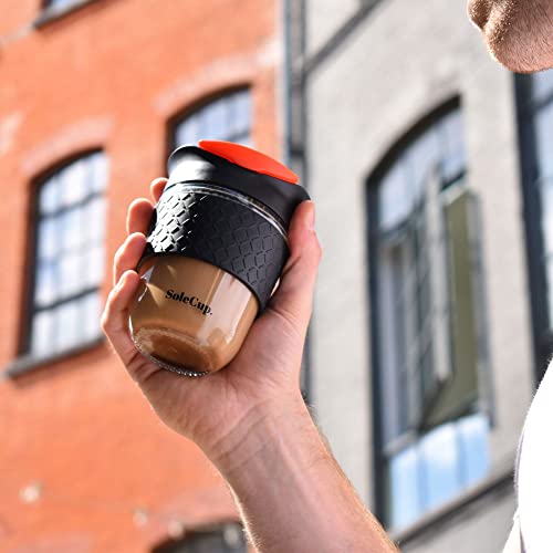 SoleCup. Travel Mug Loose Tea Infuser - Detachable Tea Strainer with Spillproof Lid - BPA-Free Reusable Glass Travel Coffee Cup with Silicone Band (Black)