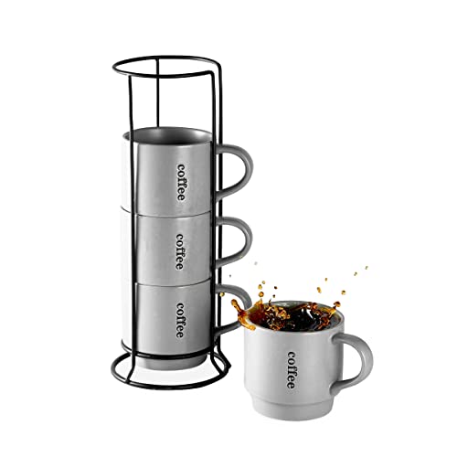 LAUCHUH Stackable Coffee Mug Set with Rack - 15 Ounce Porcelain Coffee Mugs for Coffee, Tea, Cocoa, Milk, Mug Set of 4, Father's Day Gifts, Grey