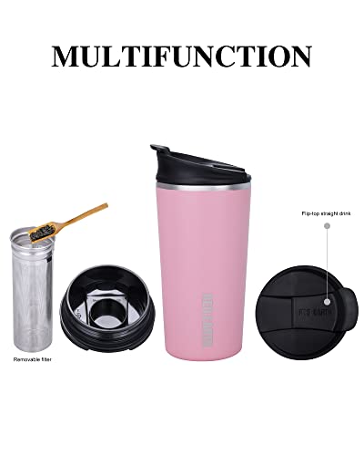 GiNT 17oz Travel Tea Mug with Infuser and Two Lid. Vacuum Insulated 316 Stainless Steel Travel Coffee Mug. Dishwasher Safe Tea Cup with Tea Strainer for Hot and Cold Brew Coffee or Tea(Pink)