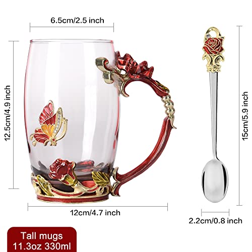 Glass Coffee Mugs Flower Butterfly Tea Cup with Spoon and Box, Personalized Gifts for Mothers Day Gift, Women, Wife and Girlfriends (11oz)