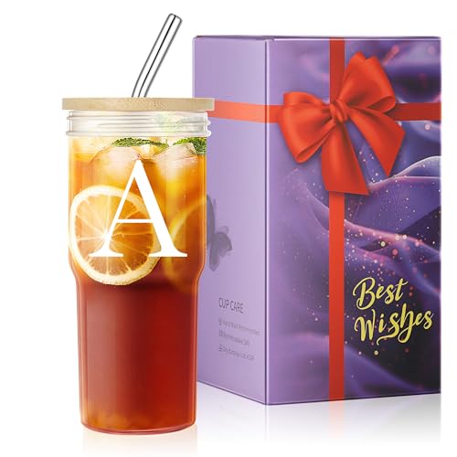 STINI Personalized Glass Coffee Cups - 24 Oz Initial Iced Coffee Cups with Lids, Cups for Coffee | Iced Coffee Tumbler with Straw and Lid | Personalized Gifts for Women Birthday Gifts