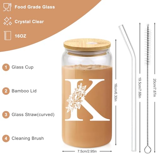Vanleonet Initial Glass Cup, Monogrammed Gifts for Women-16 Oz Glass Cups W/Bamboo Lids Straws, Personalized Birthday Gift for Women, Gifts for Her, Iced Coffee Cups for Mother,Wife,Girlfriend