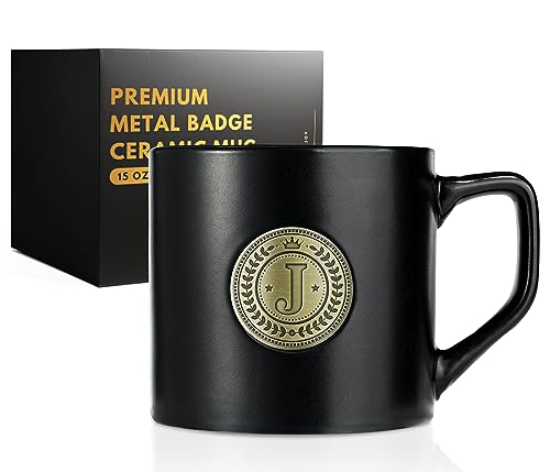 Personalized Men's Gifts - 15 oz Black Ceramic Mug with Monogram Badge - Novelty & Unique Gifts for Men Who Want Nothing - Grandpa, Dad, Brother, Husband, Uncle - Birthday, Christmas - Letter J