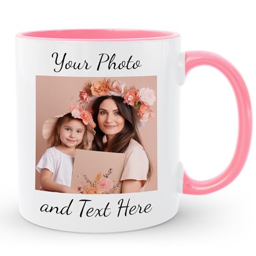 Giftbees Personalized Coffee Mug, Custom Picture Text or Logo Ceramic Mug, Customized Gift for Men & Women, Taza Personalizada with Photo and Words, Customizable 11 Oz Tea Cup | White - Pink