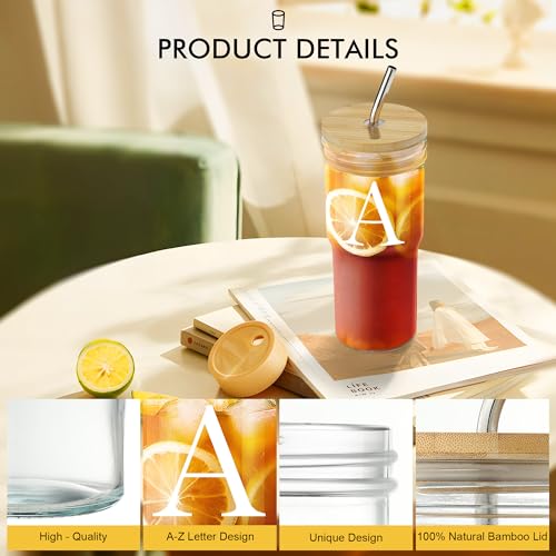 STINI Personalized Glass Coffee Cups - 24 Oz Initial Iced Coffee Cups with Lids, Cups for Coffee | Iced Coffee Tumbler with Straw and Lid | Personalized Gifts for Women Birthday Gifts