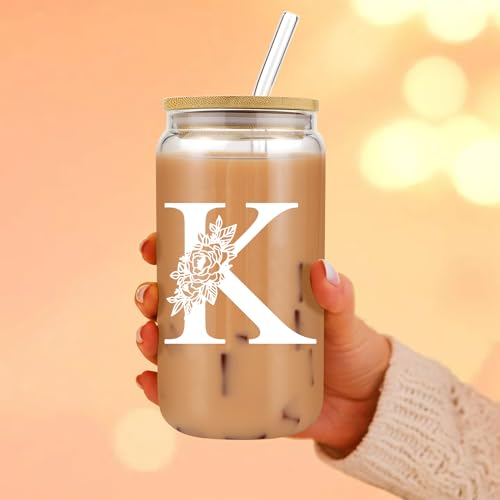 Vanleonet Initial Glass Cup, Monogrammed Gifts for Women-16 Oz Glass Cups W/Bamboo Lids Straws, Personalized Birthday Gift for Women, Gifts for Her, Iced Coffee Cups for Mother,Wife,Girlfriend