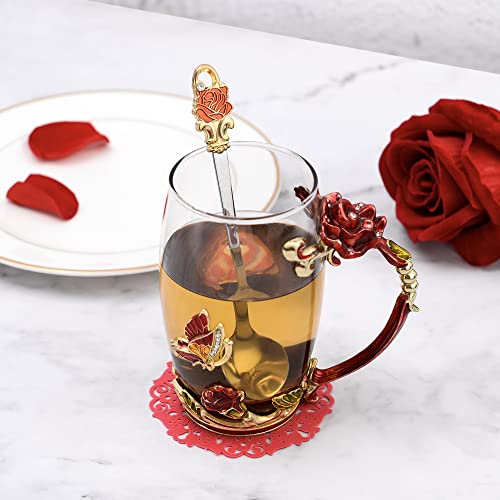 Glass Coffee Mugs Flower Butterfly Tea Cup with Spoon and Box, Personalized Gifts for Mothers Day Gift, Women, Wife and Girlfriends (11oz)