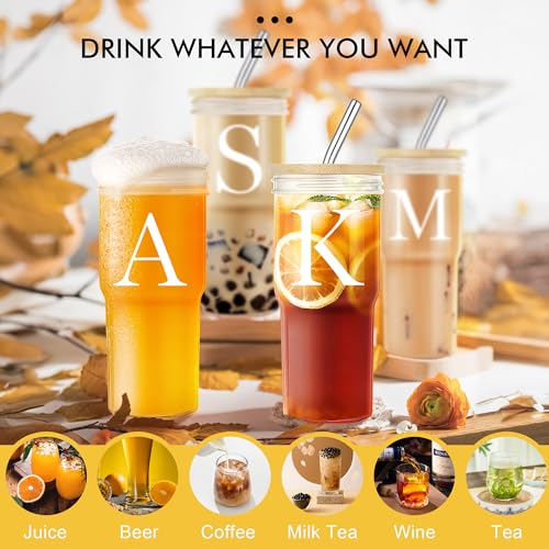 STINI Personalized Glass Coffee Cups - 24 Oz Initial Iced Coffee Cups with Lids, Cups for Coffee | Iced Coffee Tumbler with Straw and Lid | Personalized Gifts for Women Birthday Gifts