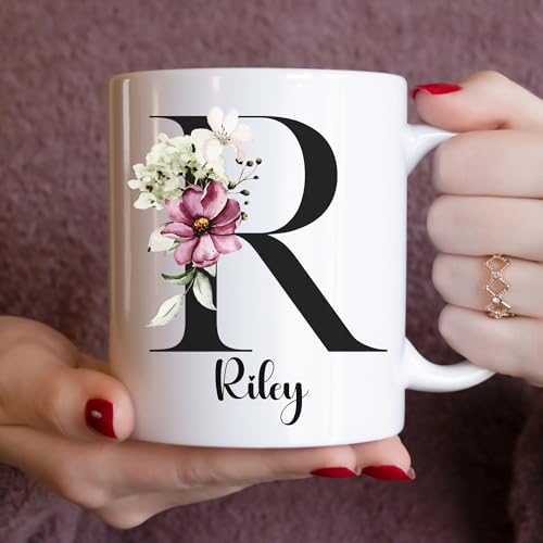 Custom Initial Coffee Mug with Name, Custom Coffee Mug Personalized Mugs for Women Floral Monogram Gifts for Women Customizable Tea Cup Tazas Personalizadas Custom Made Coffee Mugs Customized