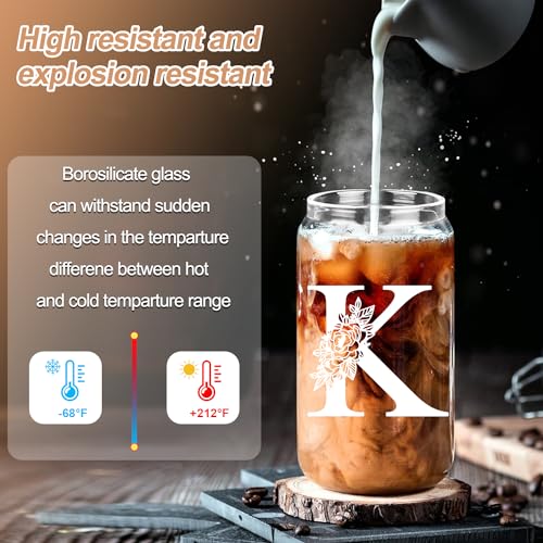 Vanleonet Initial Glass Cup, Monogrammed Gifts for Women-16 Oz Glass Cups W/Bamboo Lids Straws, Personalized Birthday Gift for Women, Gifts for Her, Iced Coffee Cups for Mother,Wife,Girlfriend