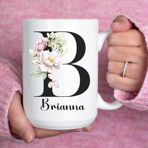 Custom Initial Coffee Mug with Name, Custom Coffee Mug Personalized Mugs for Women Floral Monogram Gifts for Women Customizable Tea Cup Tazas Personalizadas Custom Made Coffee Mugs Customized