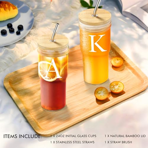 STINI Personalized Glass Coffee Cups - 24 Oz Initial Iced Coffee Cups with Lids, Cups for Coffee | Iced Coffee Tumbler with Straw and Lid | Personalized Gifts for Women Birthday Gifts