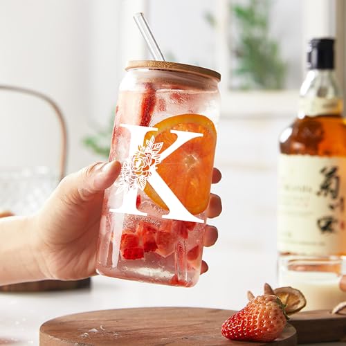 Vanleonet Initial Glass Cup, Monogrammed Gifts for Women-16 Oz Glass Cups W/Bamboo Lids Straws, Personalized Birthday Gift for Women, Gifts for Her, Iced Coffee Cups for Mother,Wife,Girlfriend