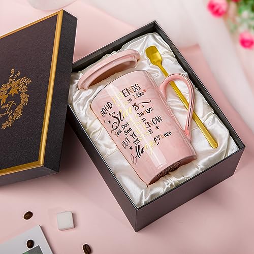 Best Friends, Friendship Gifts for Women Birthday Gifts for Women Unique Birthday Gifts Ideas for Her, Friends Female, Sister, Besties, BFF Ceramic Marble Coffee Mug Gifts Box Printed Gold 14oz Pink