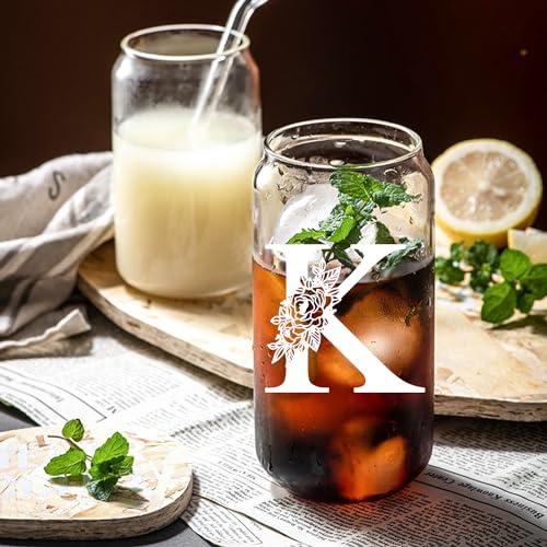 Vanleonet Initial Glass Cup, Monogrammed Gifts for Women-16 Oz Glass Cups W/Bamboo Lids Straws, Personalized Birthday Gift for Women, Gifts for Her, Iced Coffee Cups for Mother,Wife,Girlfriend