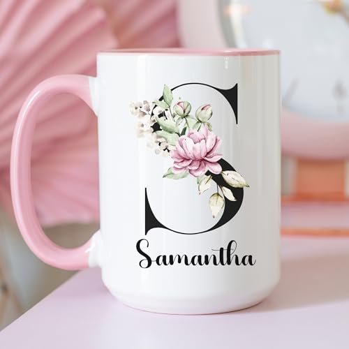 Custom Initial Coffee Mug with Name, Custom Coffee Mug Personalized Mugs for Women Floral Monogram Gifts for Women Customizable Tea Cup Tazas Personalizadas Custom Made Coffee Mugs Customized