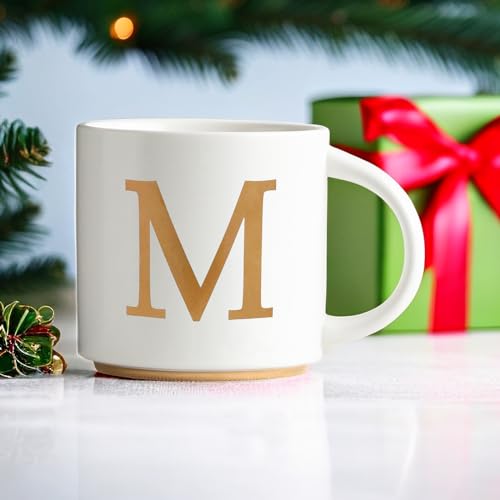 COLLECTIVE HOME - Monogram Ceramic Mugs, 15 oz Golden Initial Coffee Cups, Elegant Alphabet Tea Mugs, Elegant Personalized Mug with Gift Box, Unique Mug with Double Side Capital Letter (M)