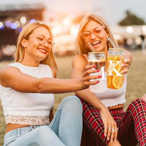 Vanleonet Initial Glass Cup, Monogrammed Gifts for Women-16 Oz Glass Cups W/Bamboo Lids Straws, Personalized Birthday Gift for Women, Gifts for Her, Iced Coffee Cups for Mother,Wife,Girlfriend