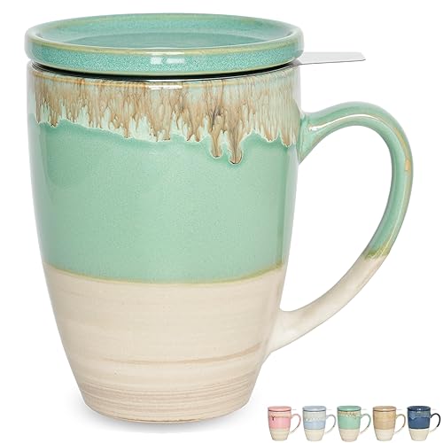 Bosmarlin Ceramic Tea Cup with Infuser and Lid, 13.5 Oz, 5 Colors to Choose, Dishwasher and Microwave Safe, Reactive Glaze, Steeping Tea Mug with Strainer (Green)