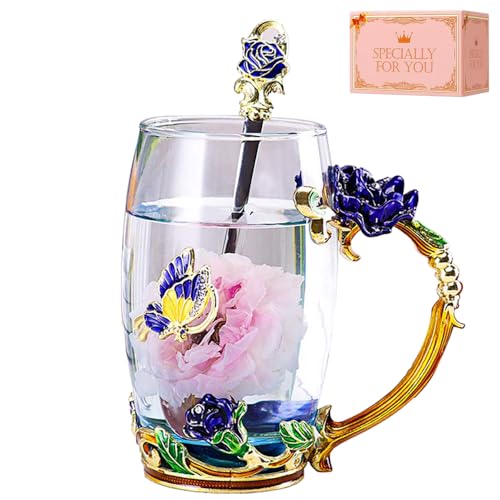 DasyFly Enamel Glass Tea Cup Blue Rose Coffee Mug,Personalized Gifts for Birthday Mothers Day Anniversary Christmas For Mom,Women,Wife,Coworker,Friend,Female,Sister,Girlfriend,Grandma